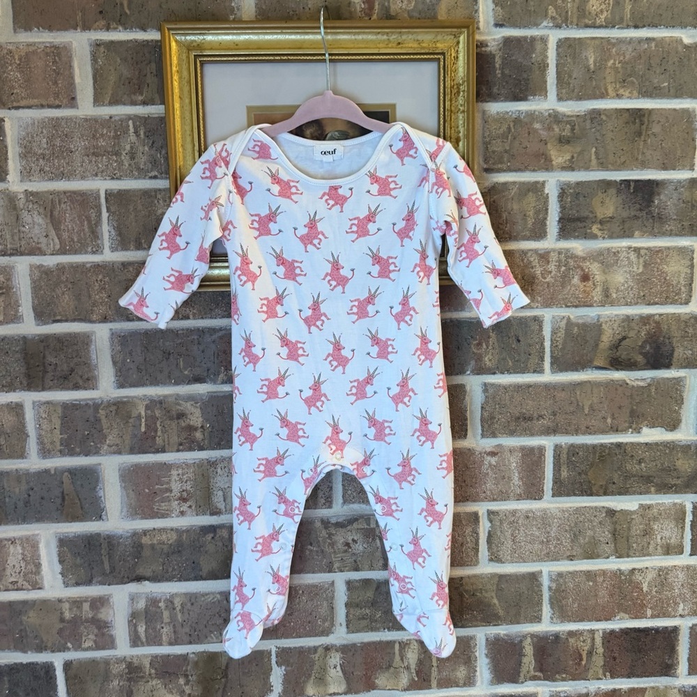 Oeuf White Footed One-Piece with Pink Unicorn Print